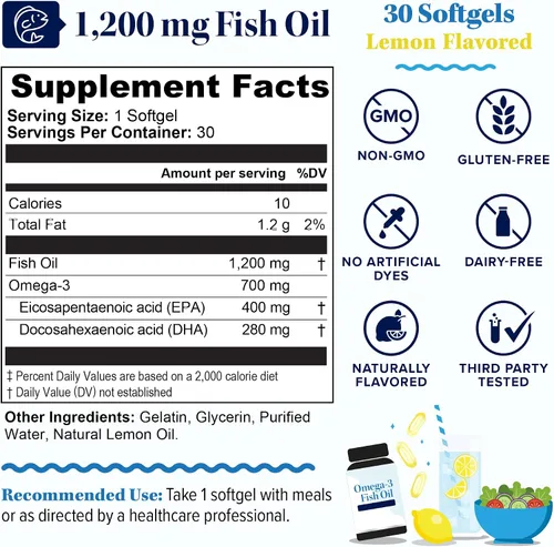 Vista 2 de Suplemento de aceite de pescado Omega 3 1,200 mg de ácidos grasos Omega 3 400 mg EPA y 280 mg DHA Apoyo para la salud cardíaca, cerebral