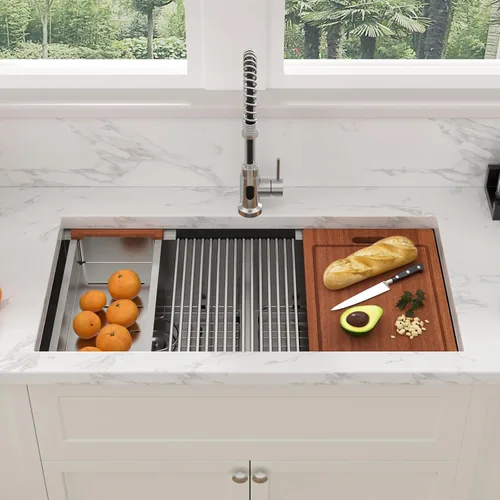 Vista 20 de Sarlai Fregadero de Cocina Dorado Bajo Encimera de 33 Pulgadas Doble Tazón 33 x 19 Pulgadas Bajo Dividido Dorado Estación de Trabajo Fregadero Doble