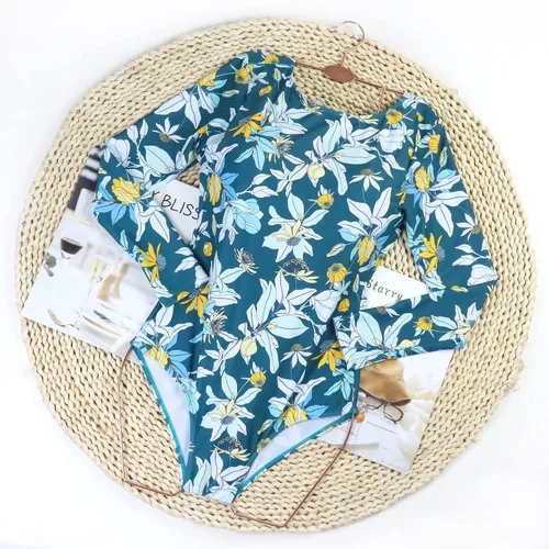 Vista 3 de Traje de baño de manga larga para mujer, traje de baño de una pieza con estampado floral sin espalda
