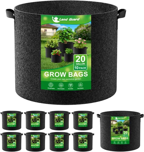 Vista 8 de Land Guard Paquete de 10 bolsas de cultivo de tela de 5 galones, macetas de jardín no tejidas gruesas, bolsas de cultivo con asas, color negro
