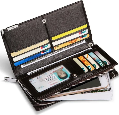 Vista 22 de Huztencor Billeteras largas para hombre de cuero RFID bloqueo billetera plegable con cremallera