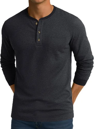 Vista 18 de CRYSULLY Camisa de manga larga para hombre, de algodón, con bolsillo de 3 botones, camisetas casuales elegantes ligeras tipo pullover