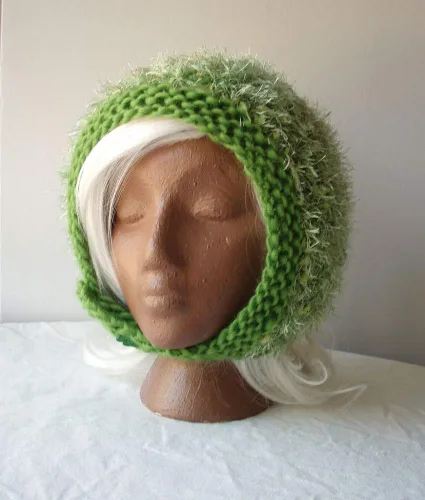 Vista 2 de Green Pixie Hat Fuzzy Wool Hand Knit Elf Hood Unique Handmade Womens Ladies Warm Winter Cap