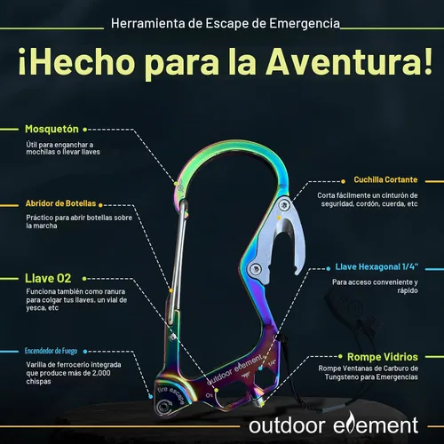 Vista 3 de OUTDOOR ELEMENT Herramienta de escape de emergencia, cortador de cinturón de seguridad, rompecristales, herramienta multiusos, encendedor, mosquetón
