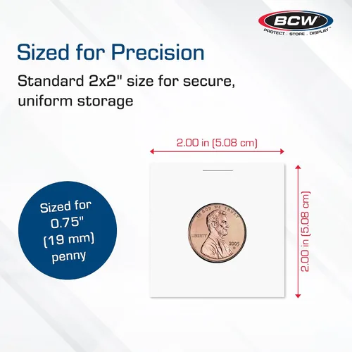 Vista 3 de BCW Monedas 2x2 para monedas de centavo Portamonedas para monedas Fundas de centavo de archivo para monedas de 0.748 in – 100