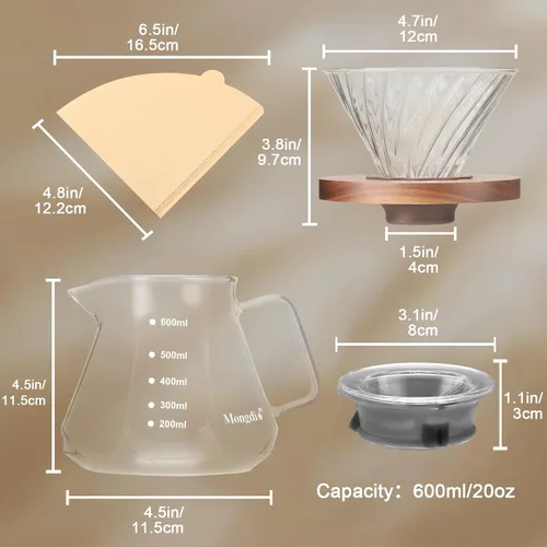 Vista 6 de Mongdio Cafetera de Goteo para Poner Encima, Cafetera de Vidrio de Borosilicato Resistente al Calor de 20 oz con 100 Filtros de Papel, Set