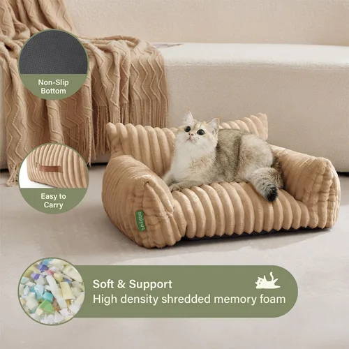 Vista 4 de Lindo sofá cama para mascotas, sofá de apoyo para gatos de interior, sofá cama pequeño para perros pequeños, beige, 24 pulgadas