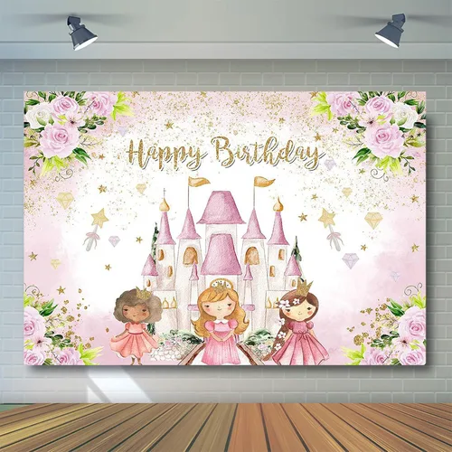Vista 3 de Avezano Telón de fondo de cumpleaños de castillo de princesa, rosa, floral, decoración de fiesta de cumpleaños para niñas dulces, estrellas doradas