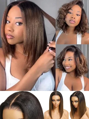 Vista 10 de UNICE Yaki Peluca Bob Recta de Cabello Humano con Cordón Adiós Nudos Sin Pegamento 7x5 Pelucas Frontales de Encaje de Cabello Humano Pre Desplumadas