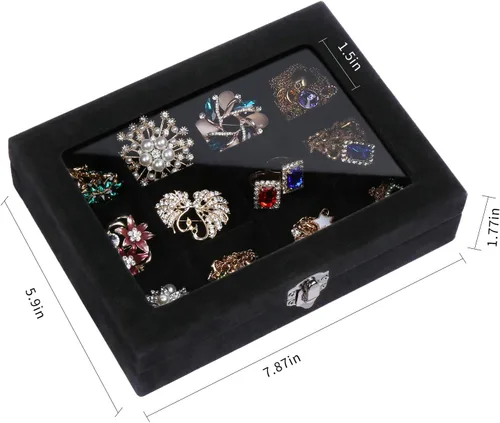 Vista 4 de STYLIFING Bandeja de terciopelo para joyas de 12 rejillas, tapa transparente, vitrina de joyería con cerradura para niñas y mujeres