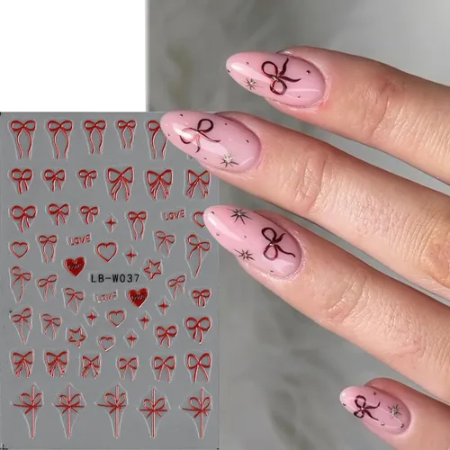 Vista 6 de Fcozpjk Calcomanías de uñas con lazo en relieve 5D, 5 hojas autoadhesivas de cintas rosas y blancas, arte de uñas para el día de San Valentín, dijes