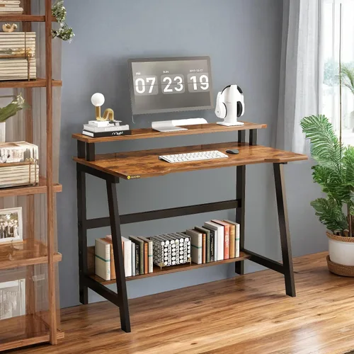 Vista 4 de Escritorio pequeño moderno de 31.5 pulgadas, escritorio compacto para computadora para oficina en casa y estudio, ahorro de espacio con estantes