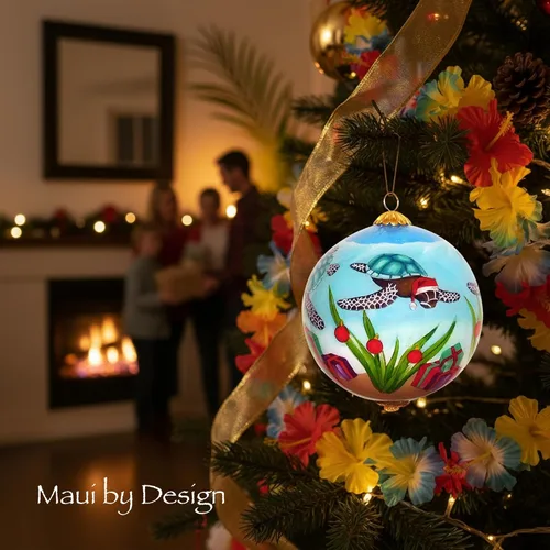 Vista 2 de Adorables tortugas marinas celebran la Navidad pintado a mano ornamento hawaiano