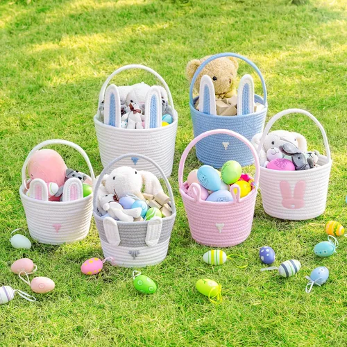 Vista 4 de CubesLand Cesta de Pascua para niños y niñas, cesta de conejo de Pascua con orejas de conejo, cesta de caza de huevos de Pascua, cestas de Pascua