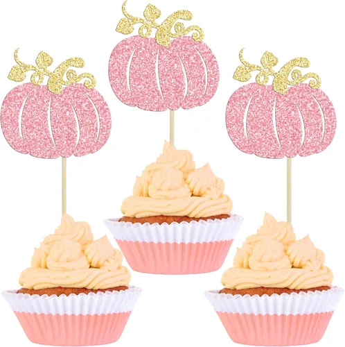 Vista 16 de 24 adornos para cupcakes de calabaza para niños o niñas con purpurina para revelación de género, decoración para cupcakes de calabaza, pies