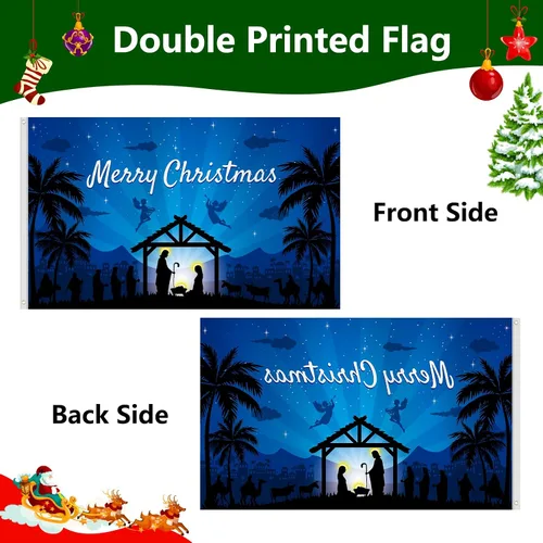 Vista 2 de Bandera de Navidad de 3 x 5 pies, doble impresa, nacimiento religioso de Jesús, Natividad Santa Noche Santa Feliz Navidad, telón de fondo colgante
