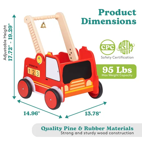 Vista 5 de Andador de madera para bebés con ruedas – Caminador de bebé para niños Camión de bomberos – Andador para bebé niño con asas aparejadas – Altura