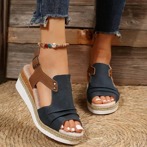 Vista 2 de Sandalias de plataforma ortopédicas con cuña para mujer, elegantes de verano 2023, planas, de punta abierta, con correa al tobillo