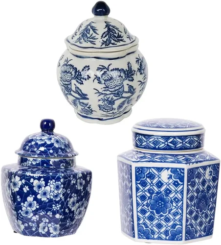 Vista 2 de T2 Concept - Juego de 3 tarros de jengibre decorativos orientales, azul y blanco, 100% porcelana, patrón floral A: 4.5 x 6 pulgadas de profundidad x