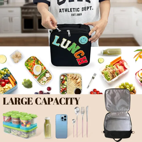 Vista 5 de Bolsa de almuerzo aislada con correa ajustable para el hombro, caja de almuerzo grande aislada de nylon, bolsa de almuerzo reutilizable con asa
