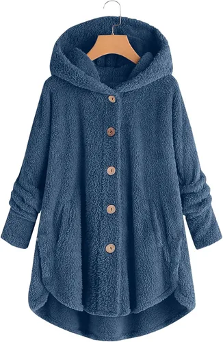 Vista 2 de Abrigos de invierno para mujer, cárdigan con capucha, forro polar mullido, con botones, de manga larga, irregular, con capucha, chaquetas