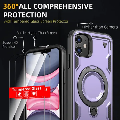 Vista 3 de para iPhone 11 Funda Magnética, para iPhone XR Compatible con MagSafe, con 1 Protector de Pantalla, Soporte de Anillo de 360° Integrado, Grado