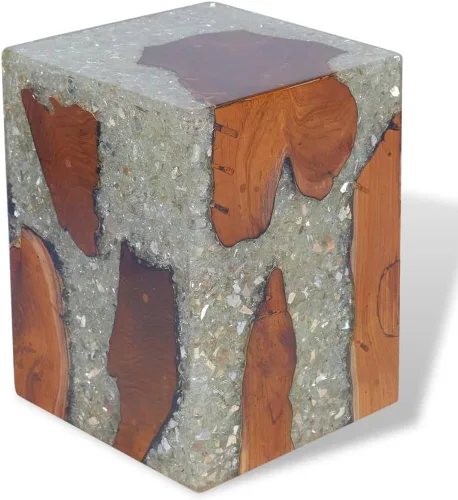 Vista 5 de Taburete de madera maciza de teca y resina, taburete de tocón de árbol con borde vivo, mesa auxiliar de borde natural, soporte para plantas, mesita