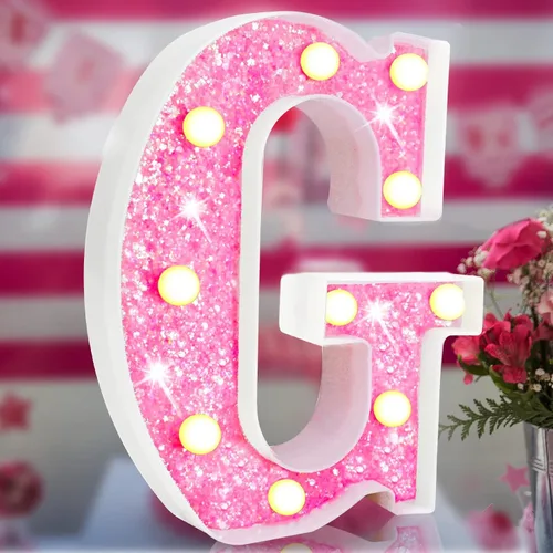 Vista 25 de Letras rosas iluminadas con purpurina, letras del alfabeto rosas, letreros de luces LED en marquesina rosas con batería para iluminación nocturna