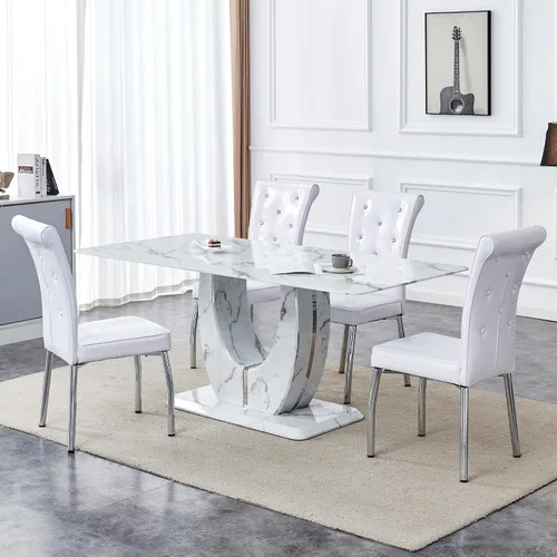 Vista 35 de Moderno juego de mesa de comedor de mármol sintético para 4, mesa de cocina rectangular blanca de 63 pulgadas con elegante base de pedestal