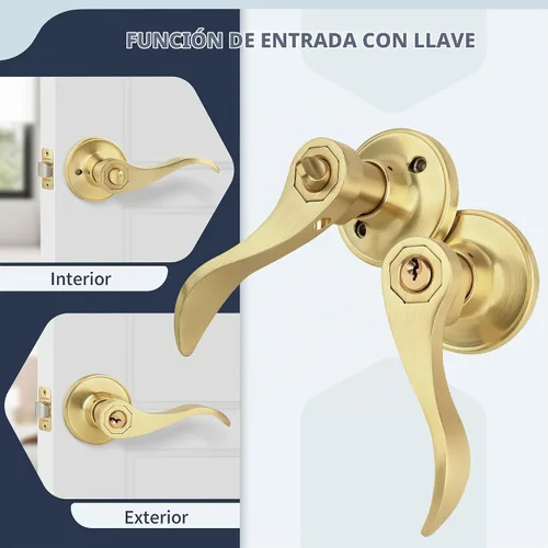 Vista 7 de Manijas de Puerta Estilo Onda Doradas con Cerradura y Llave (Llaves Diferentes), Manija de Puerta de Entrada Dorada Cepillada con Llave, Palanca