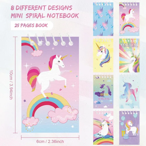 Vista 2 de 24 cuadernos de unicornio, recuerdos de unicornio, mini diario en espiral, bolsas de regalo, suministros para fiesta de cumpleaños en el aula