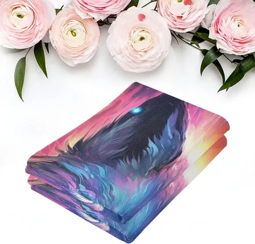 Vista 3 de Juego de 2 toallas de baño de color morado, remolques de mano de lobo, toallas de baño, toallas suaves y absorbentes para baño, cocina, gimnasio