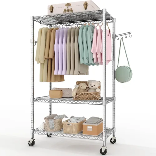 Vista 12 de Perchero de ropa resistente, perchero portátil de metal con estantes ajustables de 3 niveles, estantes de ropa independientes para colgar ropa