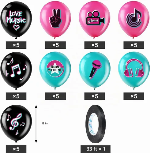Vista 2 de 45 globos de fiesta musical de 12 pulgadas con cinta, letreros de notas musicales
