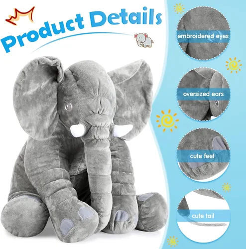 Vista 3 de Yulejo Almohada gigante de peluche de elefante grande de 15.7 pulgadas, animal de peluche suave, recuerdo de fiesta, enorme muñeco de peluche
