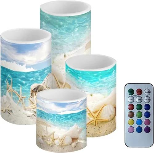 Vista 29 de Velas LED parpadeantes operadas por batería, juego de 4 con control remoto y temporizador, velas de llama danzante, velas de pilar para mesa, Playa