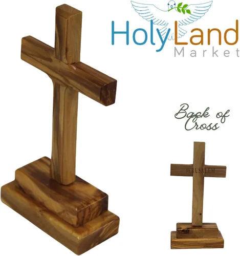 Vista 4 de Holy Land Market Cruz de altar de pie de madera de olivo de 6 pulgadas, tallada a mano en Belén por artesanos cristianos, crucifijo de mesa