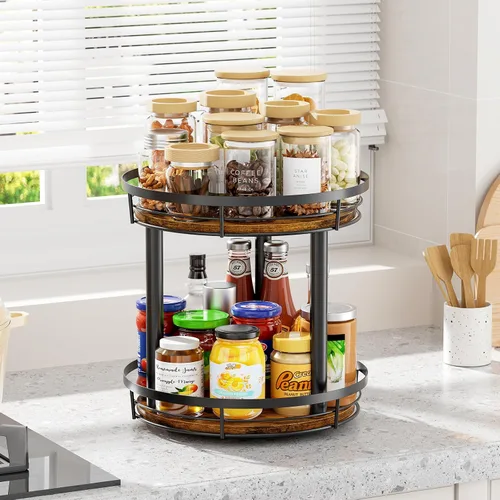 Vista 3 de LAMU Organizador Lazy Susan de Especias de Madera de 10 Pulgadas, Organizador de Especias de 2 Niveles para Gabinete, Encimera, Cocina, Superficie