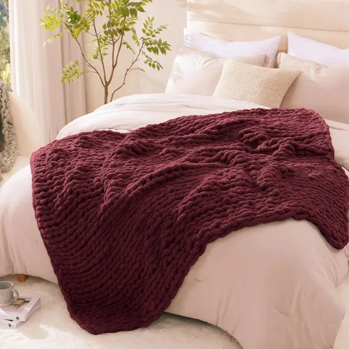 Vista 7 de WRENSONGE Manta de Punto Grueso Throw Color Rojo Borgoña Grande Suave Esponjosa de Punto Trenzado Crochet Throw 100% Tejida a Mano para Sofá Cama