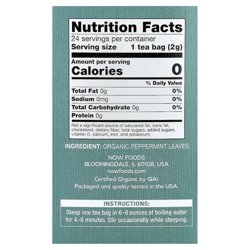 Vista 2 de Té de menta orgánico, sin cafeína, 24 bolsas de té, 1.7 oz (48 g), NOW Foods