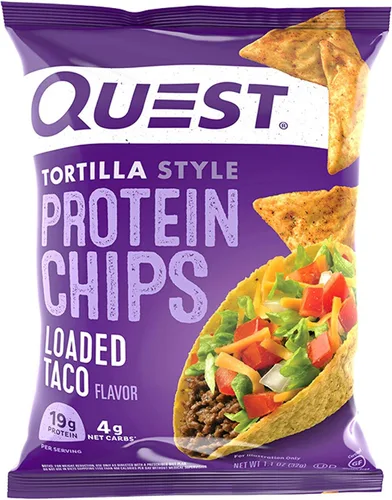 Vista 2 de Quest Nutrition Chips de proteína estilo tortilla, tacos cargados, bajos en carbohidratos, sin gluten, horneados, 1.1 onzas y galletas de proteína