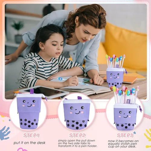 Vista 3 de Sabary Kawaii - Juego de papelería – Bolsa telescópica para lápices Boba, lápiz de tinta de gel, resaltador de píldoras de té de burbujas