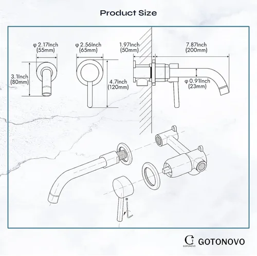 Vista 7 de gotonovo Grifo de baño de montaje en pared, grifo de lavabo de baño de una sola manija montado en la pared, válvula áspera de latón incluida