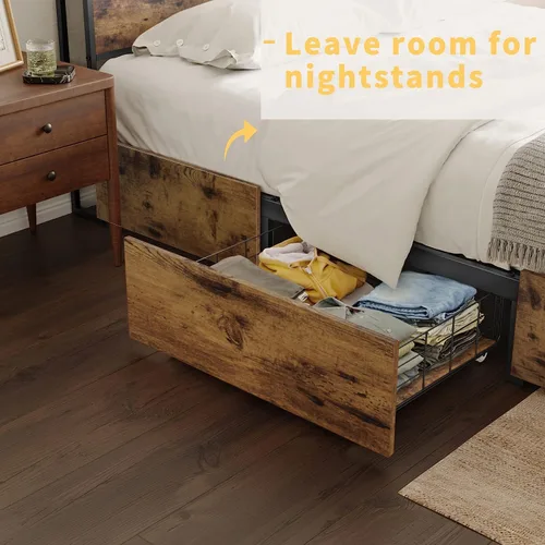 Vista 5 de HAUSOURCE - Base de cama tamaño Queen con cabecera de almacenamiento, 4 cajones, luces LED, plataforma metálica antideslizante sin ruido, base