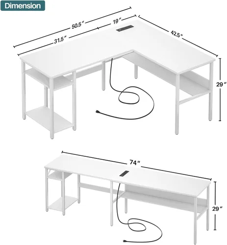 Vista 3 de Unikito Escritorio reversible para computadora en forma de L con tomas de corriente mágicas y puertos de carga USB, escritorio esquinero resistente
