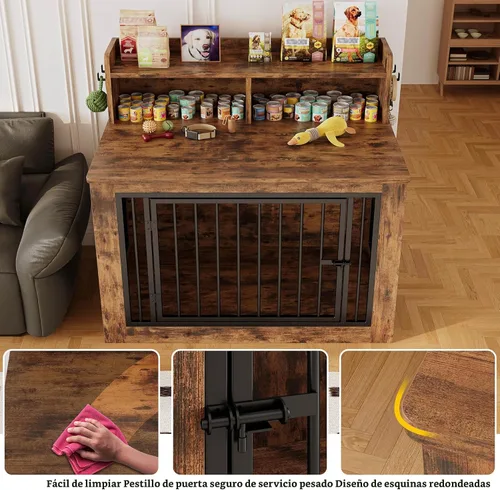Vista 5 de IRONCK Mueble de jaula extragrande para perros, jaula de madera de 43.3 pulgadas con almacenamiento y 4 ganchos, jaula resistente para perros