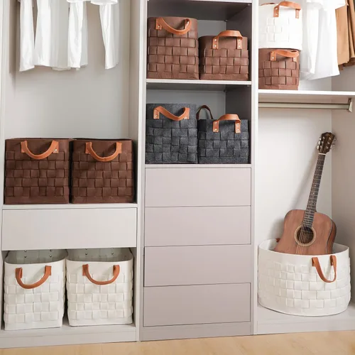 Vista 7 de boldmonkey Cesta para mantas de 15 x 13 x 11 pulgadas, paquete de 2 cestas rectangulares grandes para ropa sucia con mango de cuero, cesta suave
