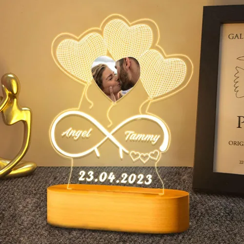 Vista 14 de Placa de acrílico con foto personalizada, regalos para aniversario, San Valentín, cumpleaños, luz nocturna LED personalizable, base de madera