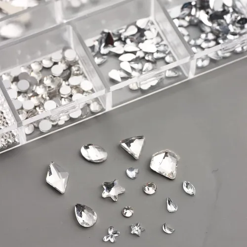 Vista 6 de Diamantes de imitación de cristal blanco para uñas, parte trasera plana, gemas de luna, estrella, corazón, perlas para decoración de uñas, múltiples