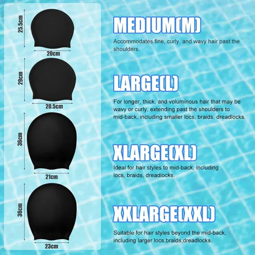 Vista 6 de Gorra de natación extragrande – gorro de natación para cabello largo, rastas, cabello ondulado, extensiones de cabello, trenzas, rizos y afros